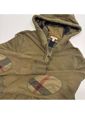 Burberry Brit Heavyweight Full Zip Hoodie L Olive Green Nova Check Elbow Patches